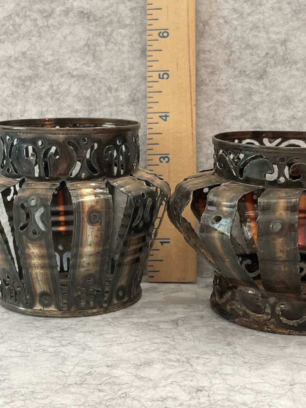 BOHO Vintage Upcycled Tin Can Filigree Folk Art Candle Holders, Pair - Picture 8 of 8